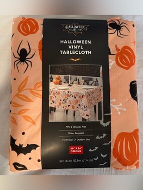 Halloween Vinyl Tablecloth - Orange Spider & Pumpkin Print
